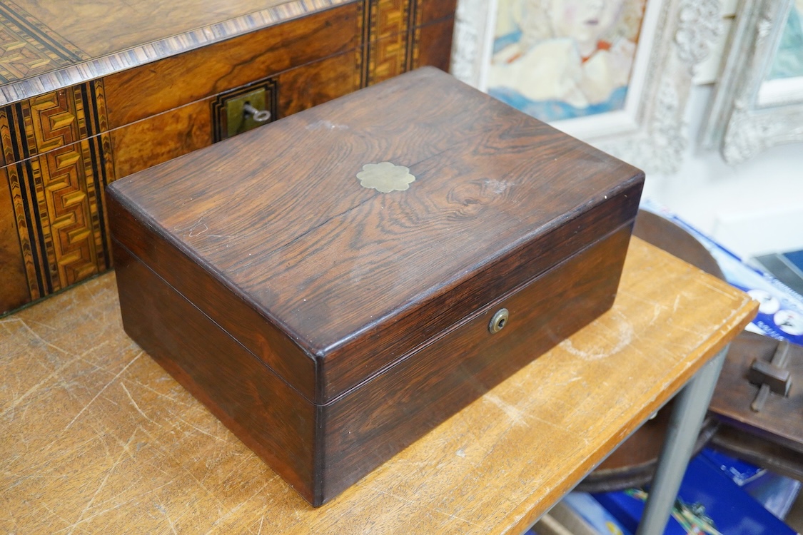 Two Victorian bandwork writing slopes and another rosewood box, one with key, largest 50cm wide